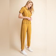 Mustard Utility Jumpsuit Featuring Front Zipper Closure And Pockets, Elastic Waistband, Tailored Fit, And Collar Neckline Inseam: 27” Pit To Pit: 18” Nwot (11) Casual Yellow Jumpsuits And Rompers For Work, Utility Jumpsuit, Pocket Jumpsuit, Black And White Shorts, Juicy Couture Charms, Rayon Pants, Linen Skirt, Distressed Black Jeans, Sleeved Romper