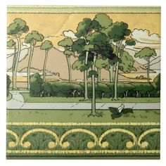 a painting with trees and mountains in the background, on a tile wallpaper border