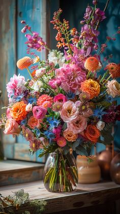 a vase filled with lots of colorful flowers