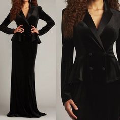 This Long-Sleeved Velvet Gown Combines Feminine Styling With Old Hollywood Glamour Evident In Its Face-Framing Tuxedo Collar And Satin Lapel, Shapely Peplum, Fabric-Covered Button Ornamentation, And A Fitted-Through-The-Hip Skirt. With Cooler Days And Even Cooler Evenings On The Horizon, This Hourglass-Flattering Gown Is A Must-Have For Occasion Dressing. Approx. Length From High Point Shoulder To Hem Is 61" Measurements Are Taken From Size 18q/2x Dry Clean Peplum Fabric, Long Sleeve Velvet Gown, Tuxedo Gown, Long Satin Skirt, Tuxedo Collar, Knit Gown, Beaded Formal Dress, Off Shoulder Gown, Tadashi Shoji Dresses