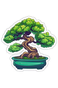 a bonsai tree sticker sitting on top of a potted plant with green leaves