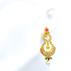 These stunning 22k gold hanging earrings, weighing a total of 20.4 grams with a gold net weight of 18.7 grams, feature a decadent dual crescent design adorned with uncut diamonds (Polki), rubies, emeralds, and pearls. The yellow gold finish enhances their luxurious appeal, making them perfect for any special occasion. The uncut diamonds, totaling 3.25 carats, come in irregular oval and round shapes, adding unique sparkle. Complementing the diamonds are rubies, emeralds, and pearls, weighing 5.1 carats and shaped in pear, marquise, and sphere forms, adding a touch of color and elegance. With a length of 2.5 inches and a hanging style, these earrings offer a grand and comfortable fit, secured with screw-back posts. Ideal for those who appreciate high-quality craftsmanship and timeless beauty Hand Set Yellow Gold Chandbali Bridal Earrings, Festive 22k Gold Hand Set Chandbalis, Yellow Gold Chandbalis For Celebrations, Yellow Gold Chandbali Bridal Earrings Hand Set, Yellow Gold Chandbali Earrings For Celebrations, Yellow Gold Chandbali Bridal Earrings, Yellow Gold Kundan Chandbalis, Yellow Gold Kundan Chandbali Earrings, Heavy 22k Gold Chandbali Earrings