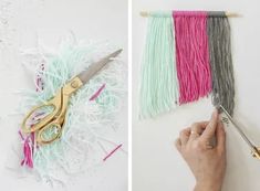 two pictures side by side, one with scissors and the other with yarn on it