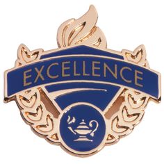 a blue and gold colored pin with the words, highest honor on it's side