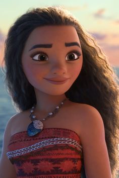 an animated girl with long hair wearing a red dress and necklace, standing in front of the ocean