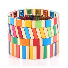 PRICES MAY VARY. ★ Stylish Enamel Tile Bracelets -- Show your charming and beauty with our fabulous set of four ‘Rainbow Lite’ tile bead bracelets. Each elastic bracelet is strung with a combination of colorful geometric beads coated in enamel and gold-tone beads, can be stacking together or wear separates as your choice ★ Tile Beaded Stretch Bracelets -- A delicate stackable rainbow bangle set is a must for your jewelry repetoire. Made from glossy enamel square and strip beads and elasticated f Enamel Bracelets, Rainbow Tile, Bead Stretch Bracelets, Wrist Accessories, Wrap Bangles, Bracelets Set, Beaded Wraps, Enamel Bracelet, Stackable Bracelets