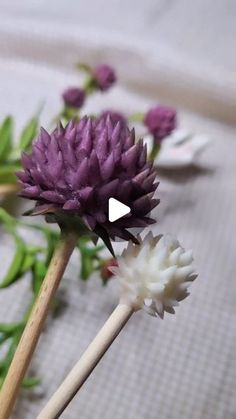 a purple flower sitting on top of a wooden stick