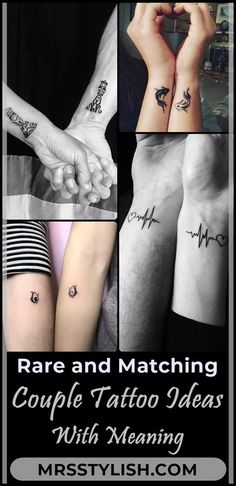 two people holding hands with tattoos on their arms and the words rare and matching couple tattoo ideas