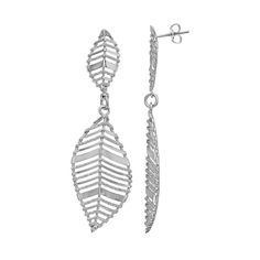 An elegant leaf pattern makes these sterling silver earrings a chic addition to you look. An elegant leaf pattern makes these sterling silver earrings a chic addition to you look. Length: 2.5 in. Metal: sterling silver Plating: rhodium Finish: polished, satin, textured Packaging: boxed Backings: post Please note, due to the high value of this item, a signature may be required upon delivery. Size: One Size. Gender: female. Age Group: adult. Elegant Leaf-shaped Jewelry, Elegant Leaf-shaped Sterling Silver Earrings, Elegant Leaf-shaped Sterling Silver Jewelry, Elegant Sterling Silver Leaf Jewelry, Elegant Sterling Silver Leaf-shaped Jewelry, Elegant Nickel-free Leaf-shaped Jewelry, Silver Leaf-shaped Pierced Earrings, Elegant Silver Leaf Jewelry, Textured Packaging