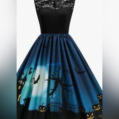 Vintage Style Halloween Dress With Lace Top Xxl New Without Tags Witchy Halloween Evening Dresses, Sleeveless Halloween Costume Party Dress, Black Dress For Halloween Costume Party, Black Witchy Dress For Night Out, Blue Fall Costume Party Dress, Spooky Black Party Dress, Witchy Black Party Dress, Blue Party Dress For Halloween, Blue Dresses For Fall Costume Party