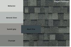 the different colors of roof shingles in gray and white, with text that reads