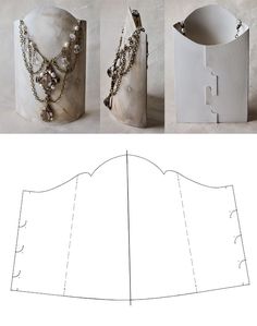 three different views of the front and back of a vase with chains attached to it