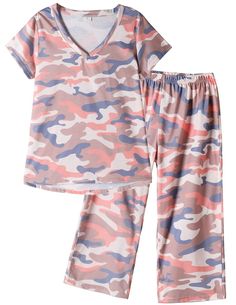 PRICES MAY VARY. ☀Material: Polyester fiber. The capri pajama sets are breathable, skin-friendly and stress-free, ultra soft and super comfy. ☀Top: Short sleeve with camouflage print, v neck, loose style, very beautiful and unique. ☀Bottoms: The capri pajama pants design with lovely pattern, perfect for sleep in, lounge wear. ☀Occasion: Suit for spring, summer, autumn and winter, perfect for traveling,lounging around the house or layering on as sleepwear. ☀The sleep set will also be a perfect bi Plus Size Sleepwear, Camouflage Shorts, Blue Camouflage, Pajamas Comfy, Cute Pants, Boho Pants, How To Hem Pants, Womens Pyjama Sets, Sleep Set