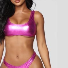 Fashion Nova | Metallic Pink Bikini Set New Size Small, True To Size 2-Piece Set High Waist Purple Sleeveless Party Swimwear, Calling All Angels, Green Swimsuit Bikinis, Hot Pink Fashion, Pink Bathing Suits, Black Ballet, Ballet Pink, Fashion Nova Models, Metallic Pink