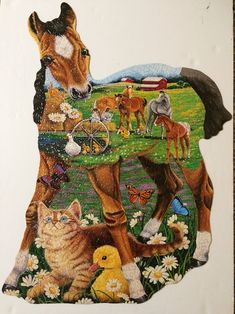 an image of a horse with cats and dogs on it's back, surrounded by other animals