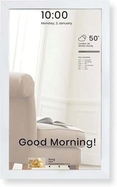 a white chair sitting in front of a window with the words good morning on it