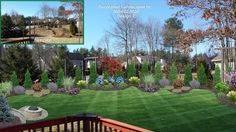 an image of a beautiful yard with flowers and trees in the foreground, surrounded by green grass