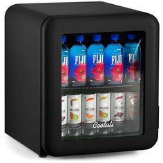 a mini fridge with several different drinks in it