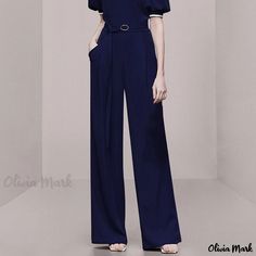 Olivia Mark - Naval Blue Short Sleeve Jumpsuit with Bubble Sleeves and Wide-Leg Design Wide-leg Solid Color Jumpsuits For Work, Wide Leg Jumpsuits For Workwear In Solid Color, Wide Leg Solid Color Jumpsuit For Work, Casual Navy Jumpsuits And Rompers For Workwear, Chic Blue Wide-leg Jumpsuits And Rompers, Chic Blue Wide Leg Jumpsuits And Rompers, Blue Fitted Jumpsuits And Rompers For Work, Blue V-neck Jumpsuits And Rompers For Work, Blue Jumpsuits And Rompers For Summer Workwear