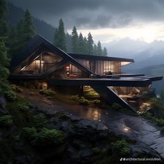 a house on top of a mountain in the middle of the night with lots of windows