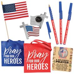 an assortment of patriotic items including flags, sticks and markers