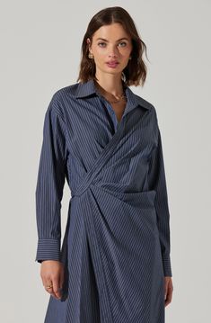 Asymmetrical wrap midi dress Pinstripe detail Button closure at center front and side Dry clean only 72% Cotton, 25% Nylon, 3% Elastane Style #ACDR102475 Popped Collar, Wrap Midi Dress, Astr The Label, Guest Dresses, Latest Fashion For Women, Denim Blue, S Models, Wedding Guest Dress, The Label