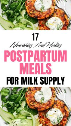 two plates filled with food and the title reads 17 postpartum meals for milk supply