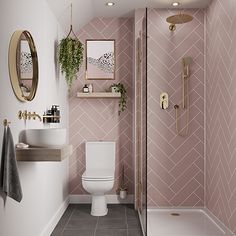 a bathroom with pink wallpaper and tile flooring, including a white toilet sitting next to a walk in shower