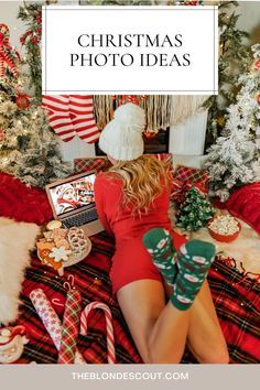 a woman laying on top of a bed next to christmas trees and presents with the words christmas photo ideas