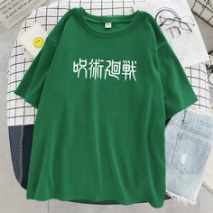 Jujutsu Kaisen Japanese Letter Style Print T-shirts Fashion Anime Tops O-neck Loose Short Sleeve New Summer Soft T Shirt Women's Casual Green T-shirt With Character Print, Green Crew Neck Top With Text Print, Green Crew Neck T-shirt With Text Print, Green Summer T-shirt With Character Print, Green Printed Crew Neck Top, Green Crew Neck Top With Screen Print, Green Relaxed Fit Top With Character Print, Relaxed Fit Crew Neck Top With Character Print, Green Casual T-shirt With Character Print