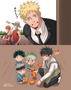 an image of two anime characters with pumpkins in front of them and another cartoon character holding