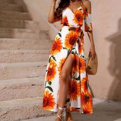 Beautiful Long Wrap Dress Yellow Floral Dress For Summer Garden Party, Summer Floral Maxi Dress For Brunch, Spring V-neck Printed Sundress, Summer Style Maxi Dress For Spring Garden Party, Spring Vacation Floral Maxi Dress, Summer Floral Print Maxi Dress For Brunch, Spring Floral Maxi Dress For Vacation, Summer Maxi Floral Dress For Brunch, Spring Garden Party Sundress Maxi Dress