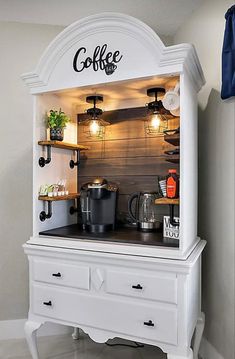 the coffee bar is built into an old dresser