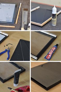 the process of making a diy photo frame with wood, glue, and paint