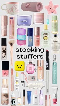 the words stocking stuff is surrounded by many different types of cosmetics and beauty products