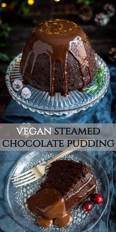 a chocolate cake on a plate with the words vegan steamed chocolate pudding