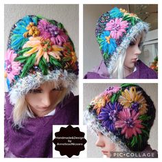 three pictures of a woman's hat with colorful flowers on the front and side