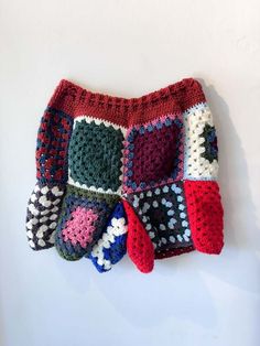 Each square was individually crocheted patchworked and then hand sewn together to form shorts.    approximately 9" in height when beanie is rolled up once Patchwork Crochet, Crochet Shorts, Twist Top, Sports Trousers, Norse Projects, Black Ballet Flats, A Perfect Circle, Engineered Garments, Wool Yarn