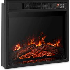 an electric fireplace with fire and flames in it's side panel, on a white background