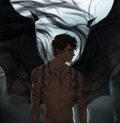 a man with tattoos standing in front of a large black dragon flying over his head