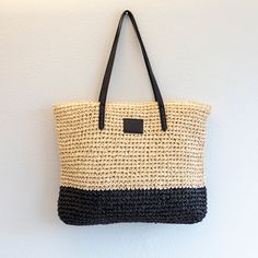 Elena Handbags Large Straw Woven Summer Tote Modern Natural Straw Bag For Daily Use, Modern Natural Color Straw Bag For Daily Use, Black Natural Fiber Beach Bag For Daily Use, Modern Natural Color Beach Bag, Modern Natural Color Beach Bags, Modern Natural Straw Shoulder Bag, Modern Natural Shoulder Bag For Beach, Modern Natural Colored Straw Shoulder Bag, Modern Beige Woven Straw Bag