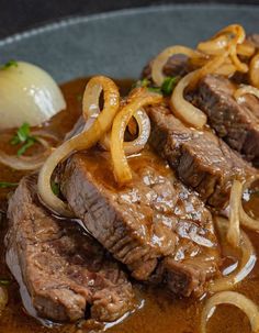 Tonight will be the 4th time we've had this dish this month. It makes you feel like a king eating it Easy Slow Cooker Salisbury Steak Cooktop Cove, Beef Round Steak Cubed Recipes, Slow Cooker Cubed Steak And Gravy, Dinner Beef Ideas, Beef Cutlet Recipes Crockpot, Beef And Onion Recipes, Crockpot Recipes With Steak, Slow Cooker Ribeye Steak, Crockpot Cubed Steak Recipes