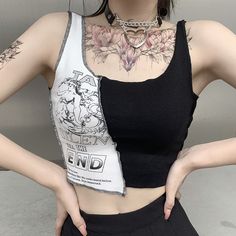 Tank Tops Aesthetic, Punk Tank Top, Aesthetic Letter, Patchwork Tank Top, Patchwork Crop Top, Women Crop Top, E Girl Aesthetic, Aesthetic Clothing Stores, Tøp Aesthetic