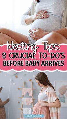 a pregnant woman holding her belly while standing in front of a baby crib with the words nesting tips 8 crucial to - do's before baby arrives