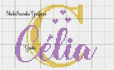 a cross stitch pattern with the word's name in purple and yellow on it