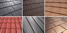 four different types of roofing shingles in various styles and colors, including red