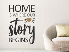 a wall decal with the words home is where our story begins and a heart