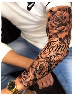 a man with a rose tattoo on his arm