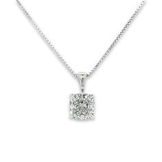 3-Carat Cushion Cut Solitaire Diamond Pendant in 14K Solid White Gold, IGI Certified Lab Grown Diamond Single Pendant | E-J color / VS1-VS2 clarity.  Simple, yet classy. Shop the perfect gift that can't go wrong. A solitaire cushion cut lab-grown diamond mounted in a classic 4-prong white gold mounting. Set in 14k white gold. Fixed with a 4mm bail that fits a variety of chains up to 3.5mm.  Comes with an adjustable length 2mm thick box chain in 14k white gold.  Details:  - Metal: 14-karat gold - Luxury White Gold Square Pendant Solitaire Necklace, Formal Solitaire Diamond Cut Necklace, Diamond White Solitaire Necklace For Formal Occasions, Classic Vvs Clarity Diamond Necklace, Vvs Clarity Diamond Necklace For Formal Occasions, Platinum Diamond Necklace With Brilliant Cut, Formal Vvs Clarity Diamond Necklace, Elegant Radiant Cut Diamond Necklace For Formal Occasions, Yellow Gold Radiant Cut Necklace For Formal Occasions