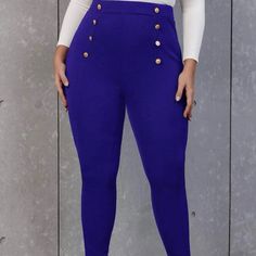 Royal Blue Stretch Pants W/ Gold Buttons Shein Only Tried On. Never Worn Bell Bottom Leggings, Brown Leggings, Sailor Pants, Animal Print Leggings, Black Peach, Striped Leggings, Active Leggings, Flare Leggings, Stretch Pants